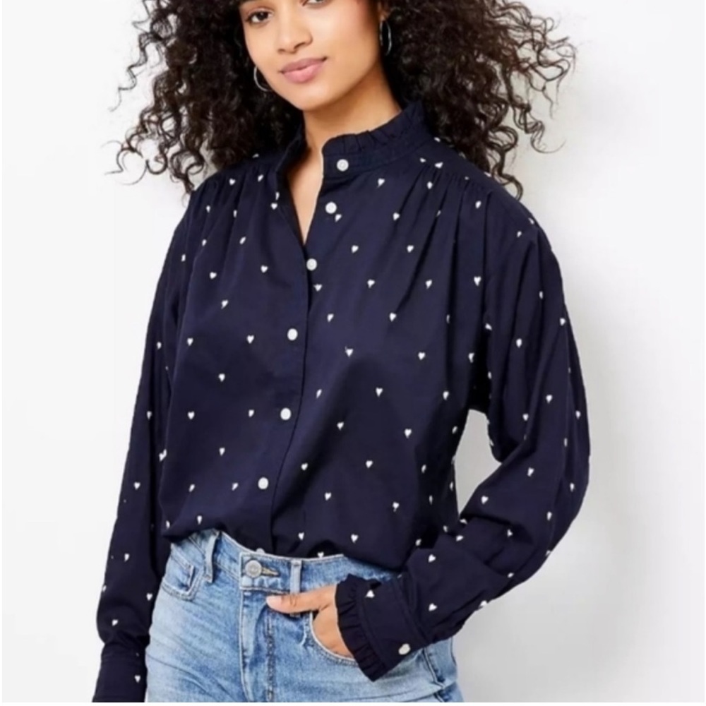 LOFT navy blue button down shirt with embroidered hearts Valentines